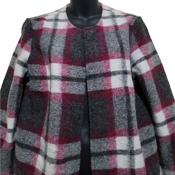 Max Studio Gray Red White Open Front Plaid Coat Woolblend Sz Large - Picture 3 of 7